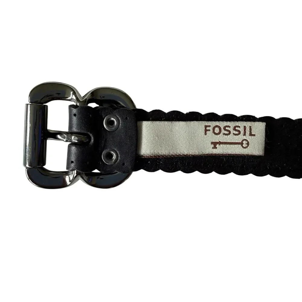 Fossil Women's Black Scalloped Laser Cut Leather Belt Sz Medium Gunmetal Buckle